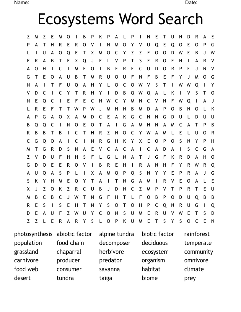 Ecosystems Word Search