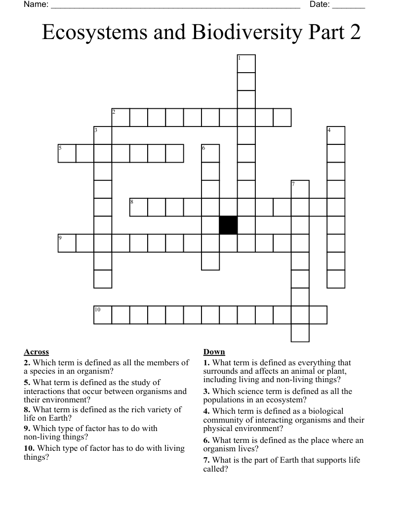 Ecosystems and Biodiversity Part 2 Crossword