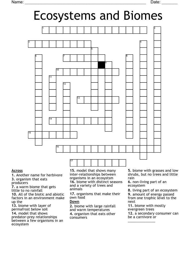 Ecosystems and Biomes Crossword