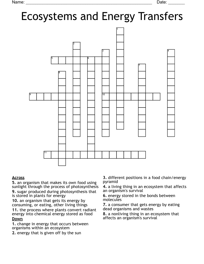 Ecosystems and Energy Transfers Crossword