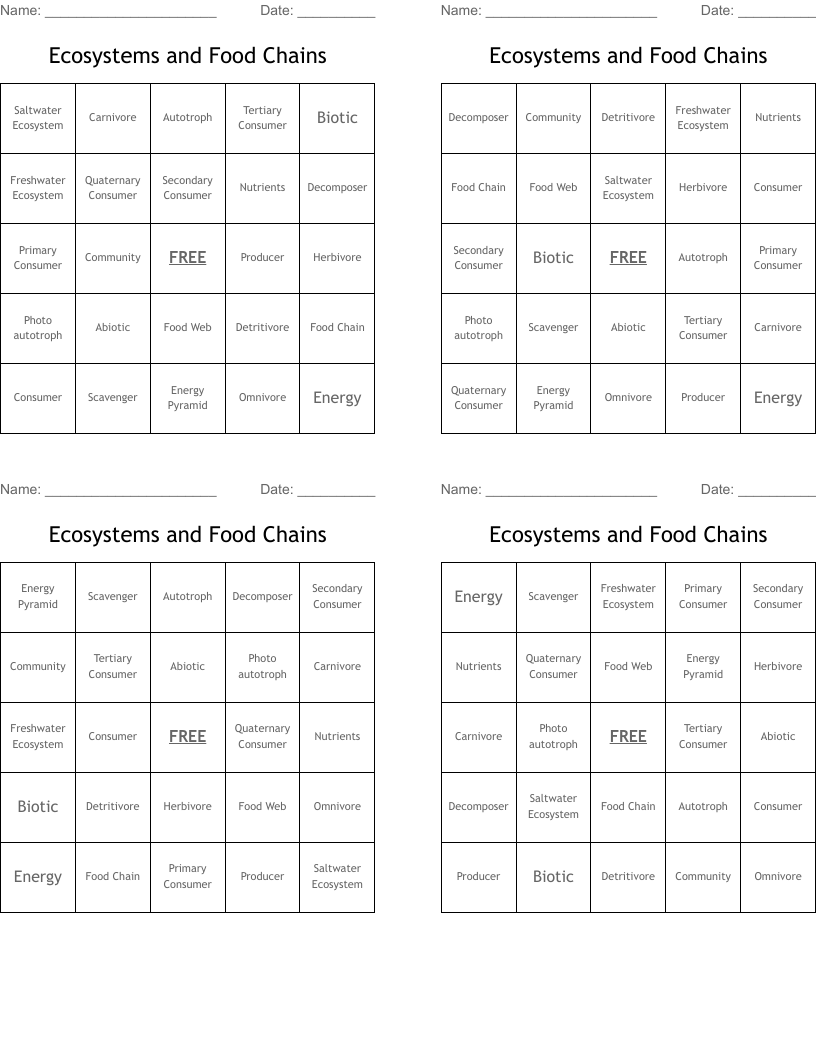 Ecosystems and Food Chains Bingo Cards