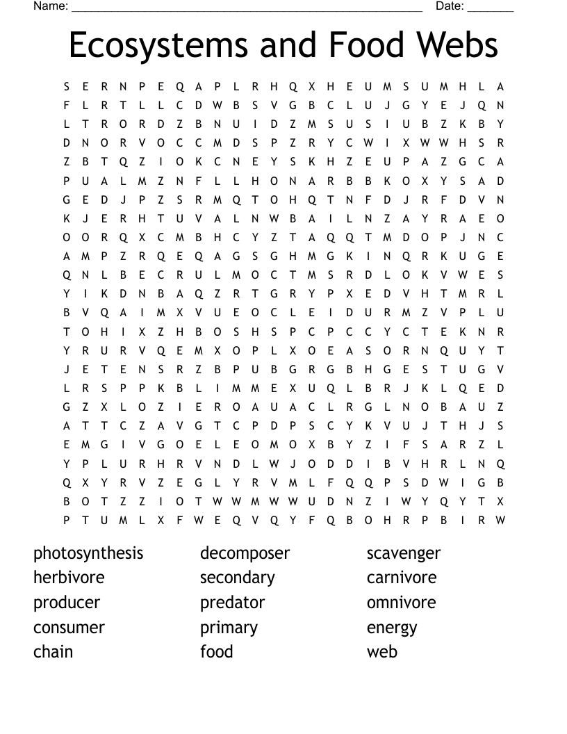 Ecosystems and Food Webs Word Search