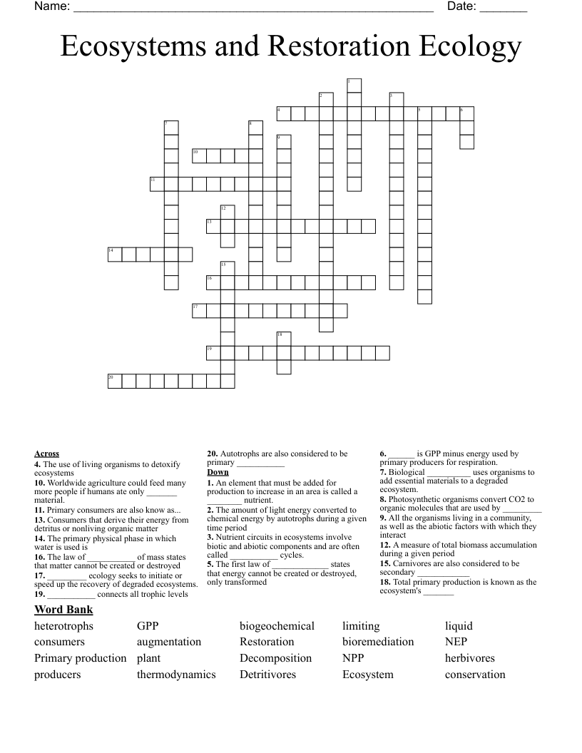 Ecosystems and Restoration Ecology Crossword