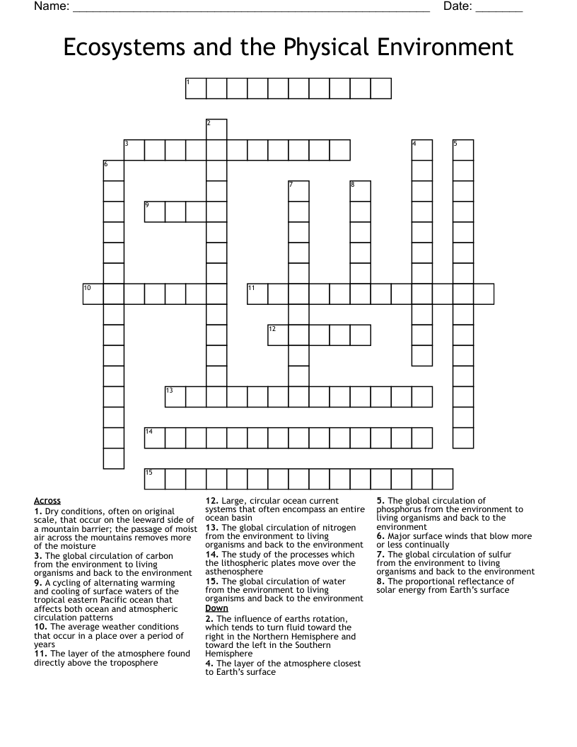Ecosystems and the Physical Environment  Crossword