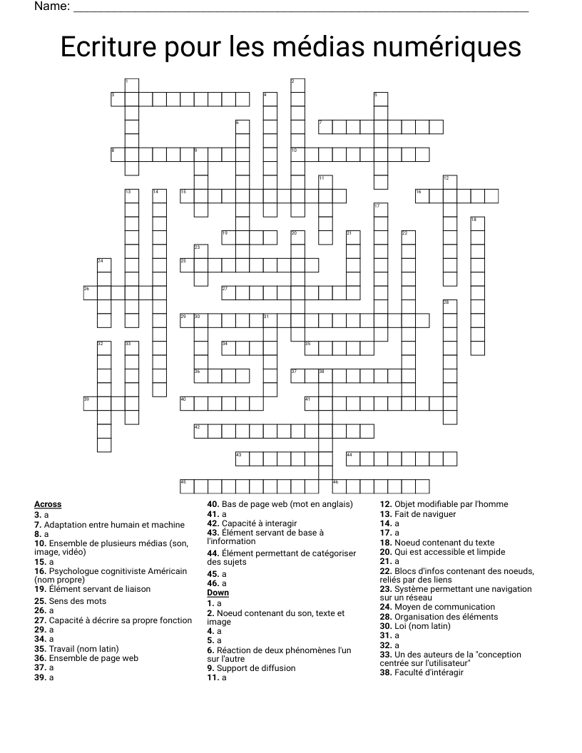 Ecriture pour les médias numériques Crossword