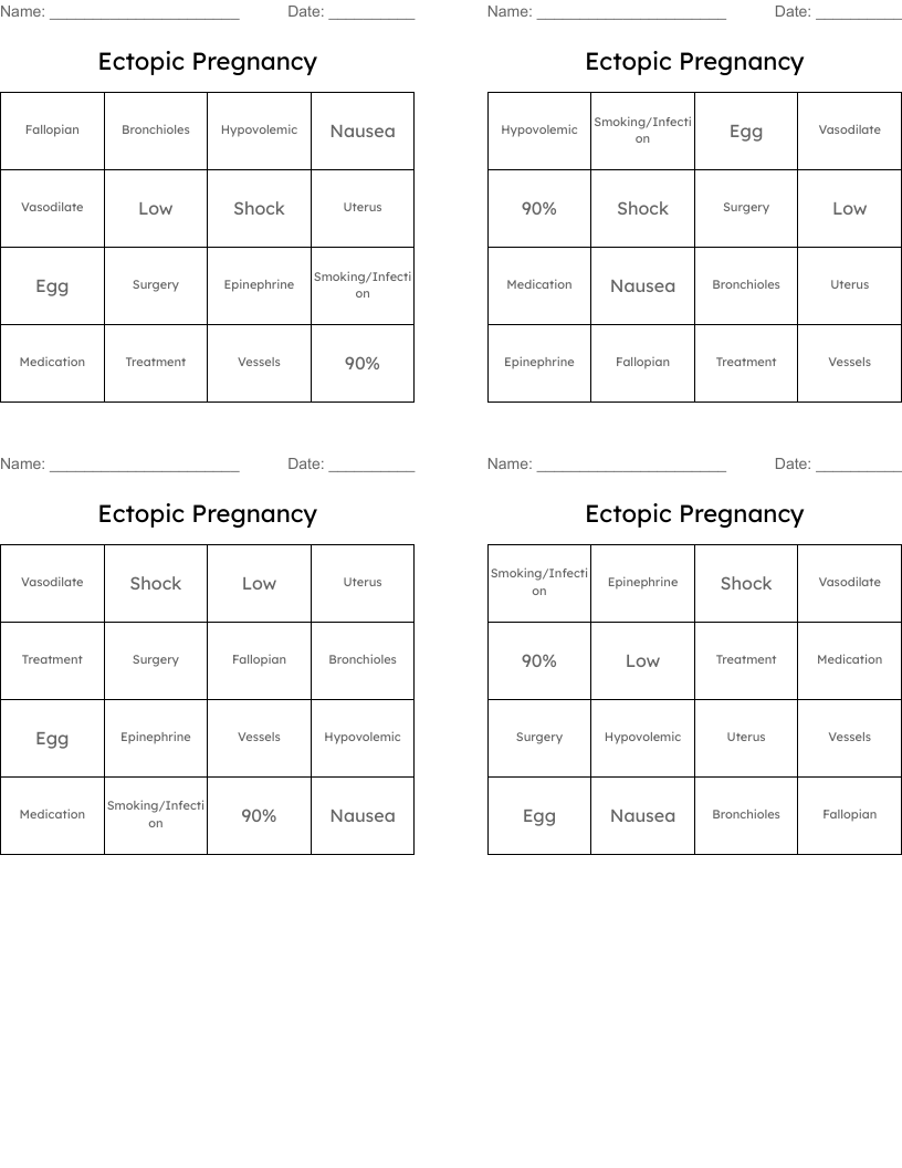 Ectopic Pregnancy Bingo Cards