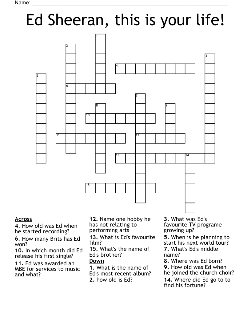 Ed Sheeran, this is your life! Crossword