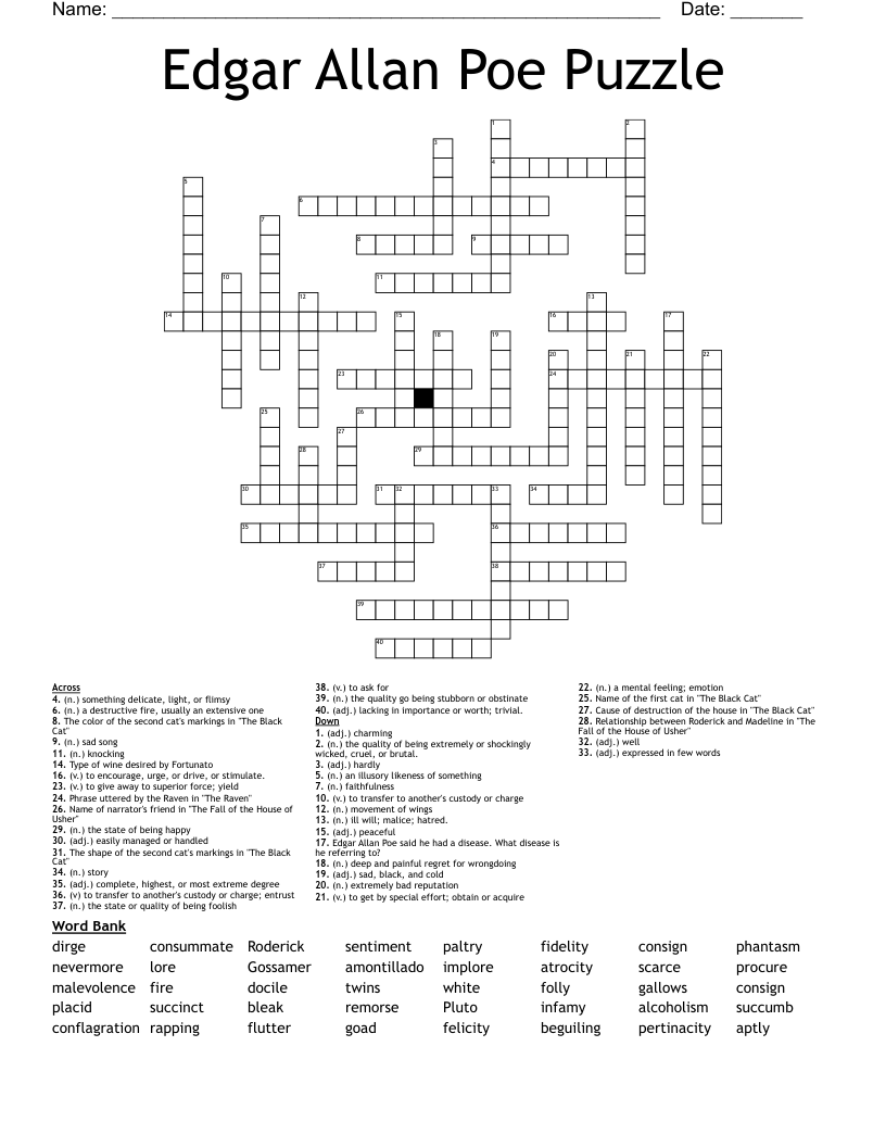 Edgar Allan Poe Puzzle Crossword