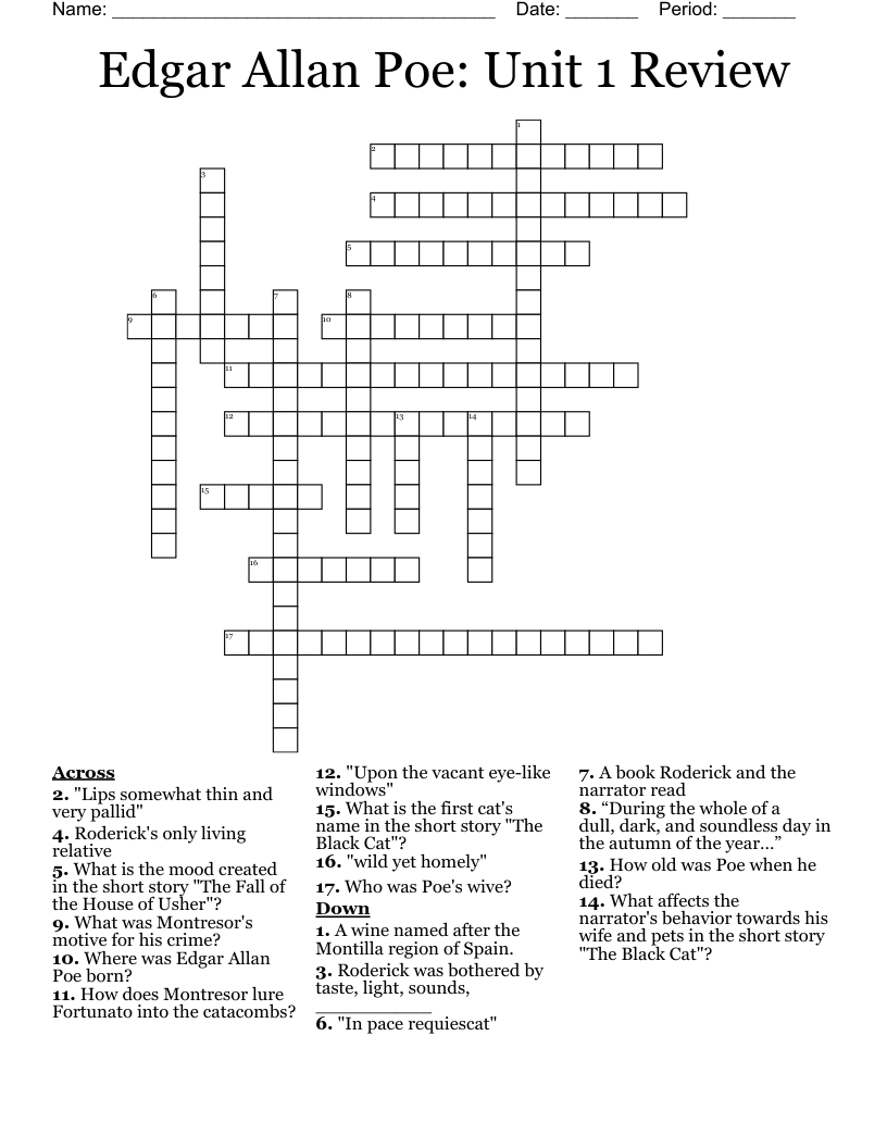 Edgar Allan Poe: Unit 1 Review  Crossword