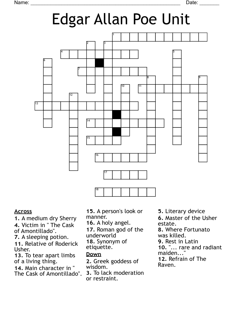 Edgar Allan Poe Unit Crossword
