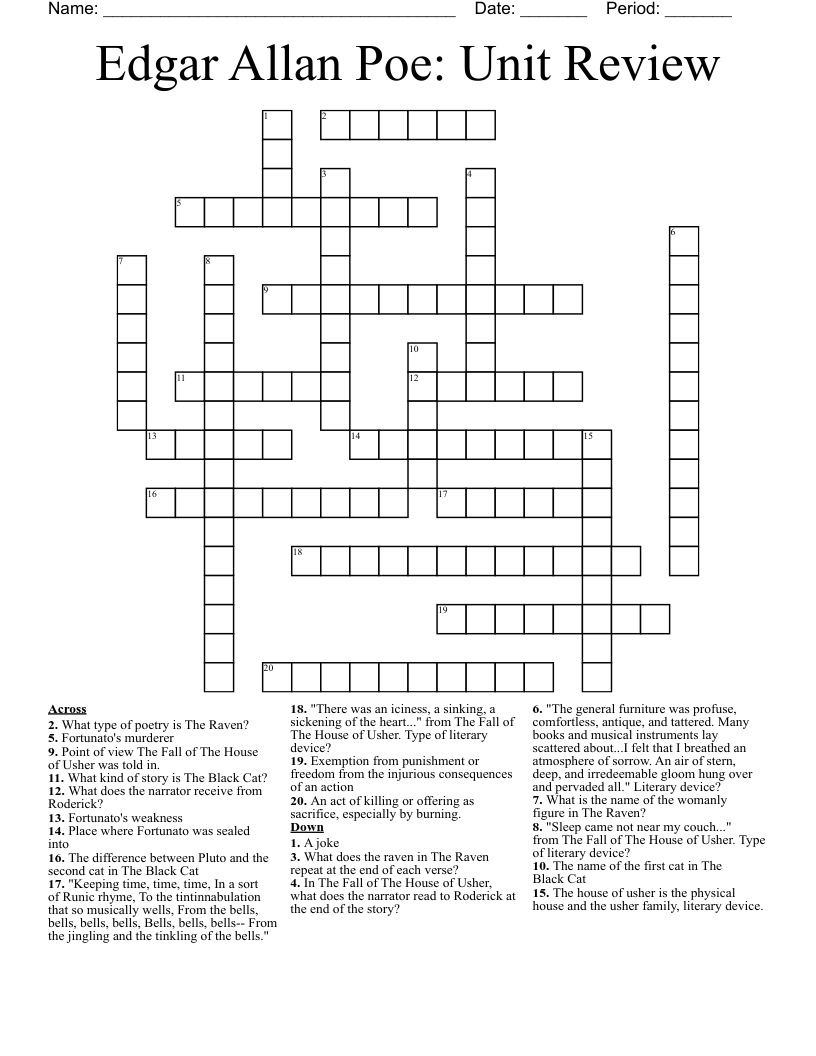 Edgar Allan Poe: Unit Review Crossword