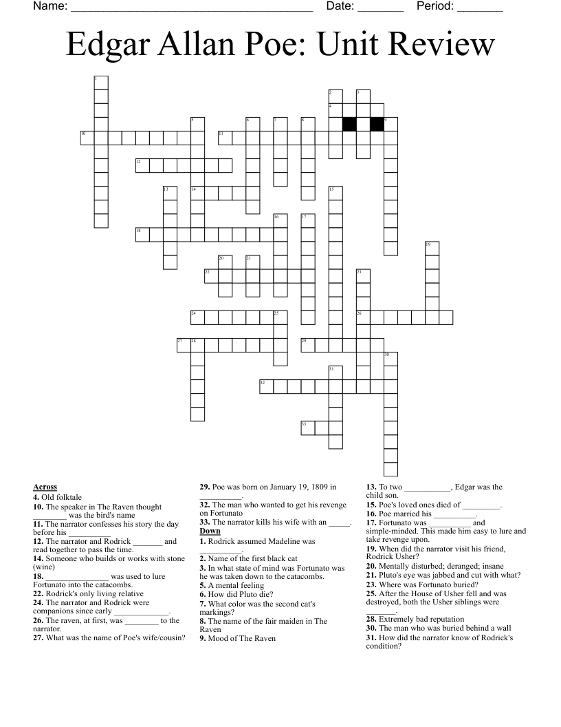 Edgar Allan Poe: Unit Review Crossword