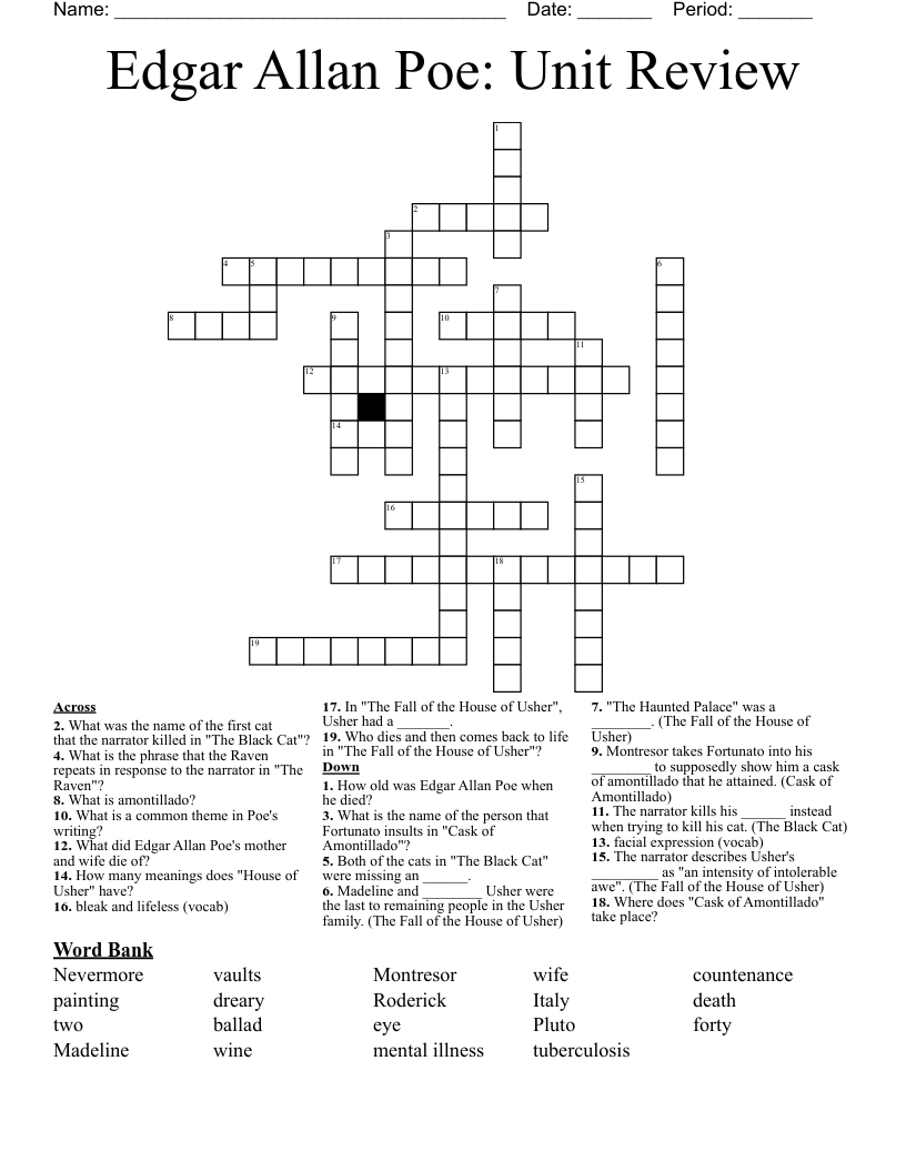 Edgar Allan Poe: Unit Review Crossword