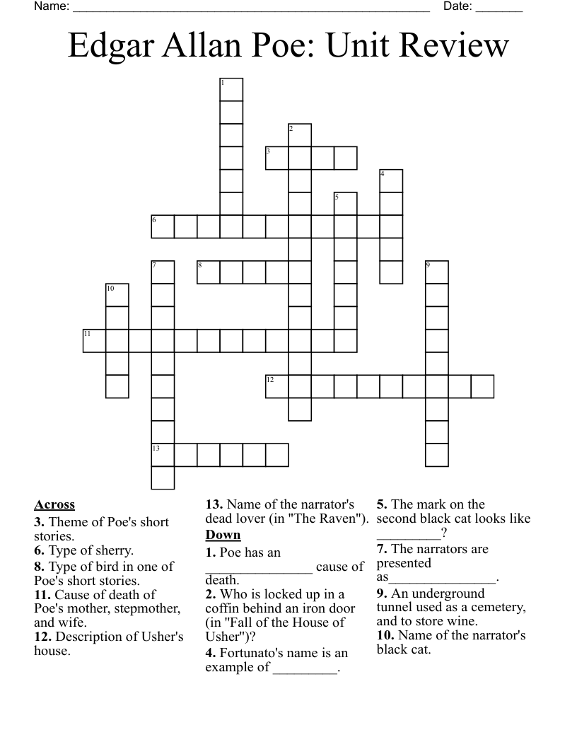 Edgar Allan Poe: Unit Review Crossword