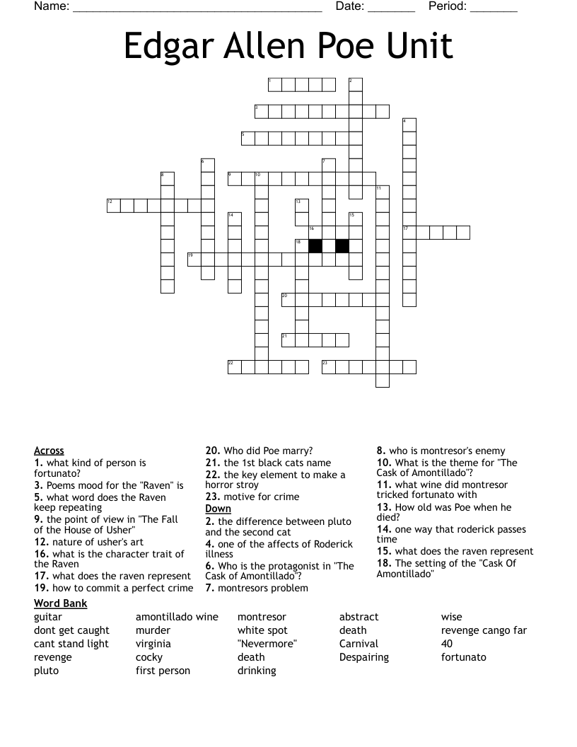 Edgar Allen Poe Unit Crossword