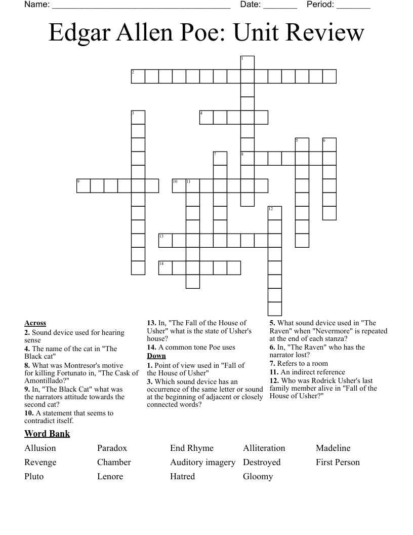 Edgar Allen Poe: Unit Review Crossword