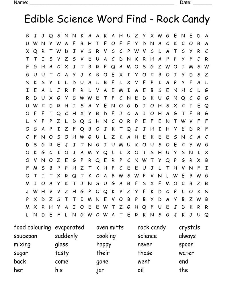 Edible Science Word Find - Rock Candy Word Search