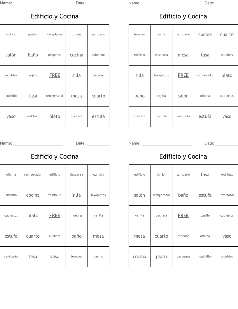 Edificio y Cocina Bingo Cards