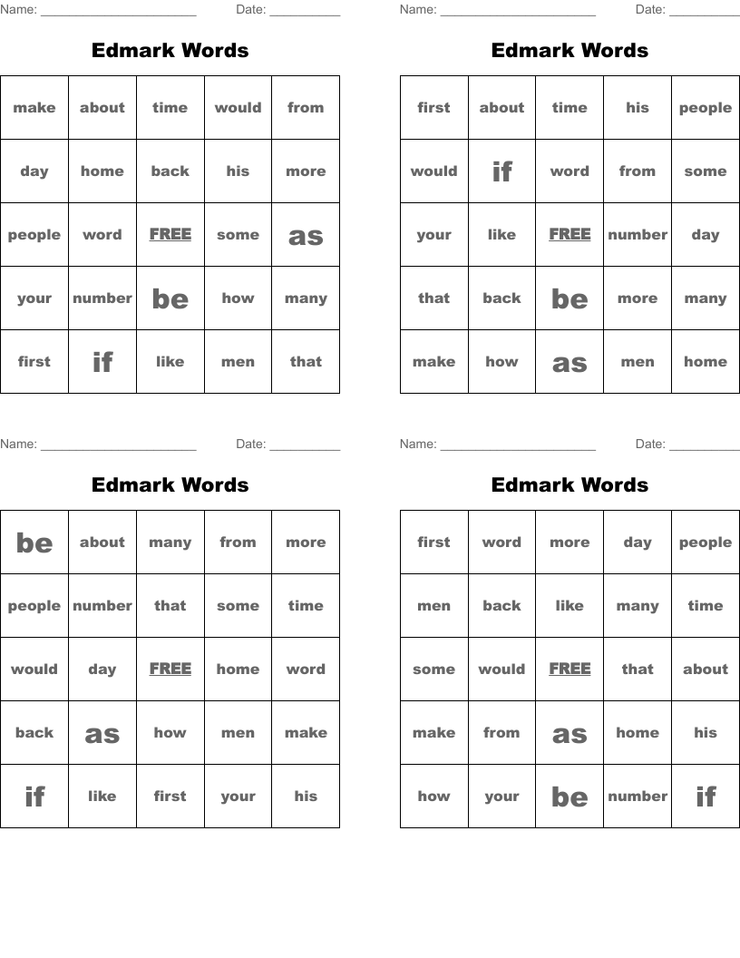 Edmark Words Bingo Cards