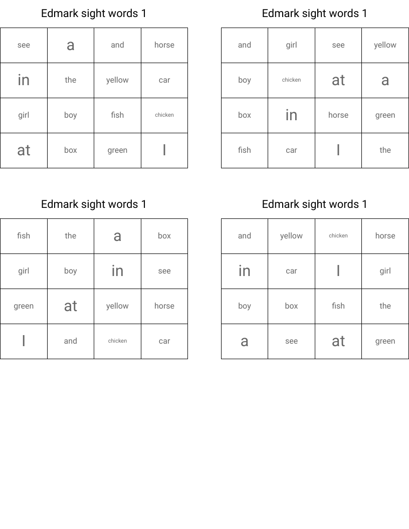 Edmark sight words 1 Bingo Cards