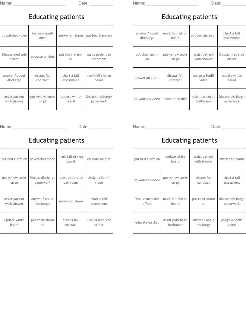 Educating patients Bingo Cards