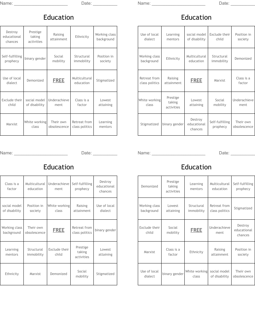 Education Bingo Cards
