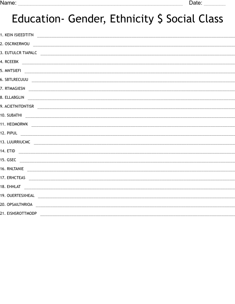Education- Gender, Ethnicity $ Social Class Word Scramble
