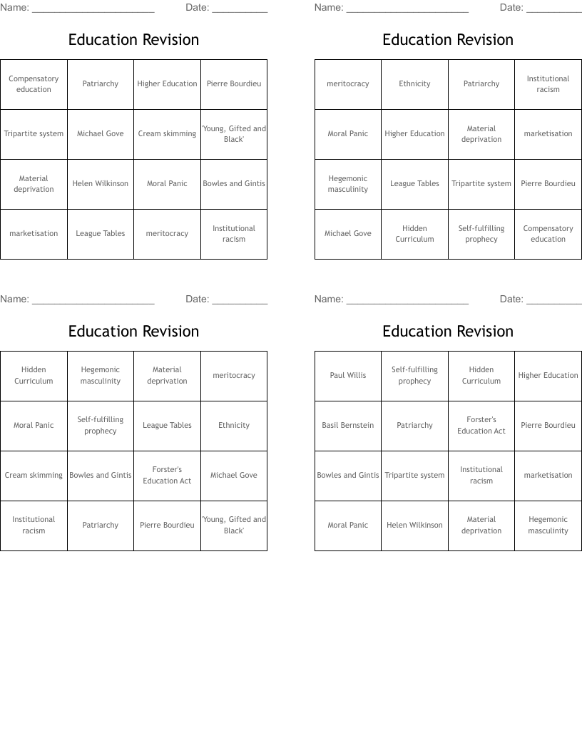 Education Revision Bingo Cards