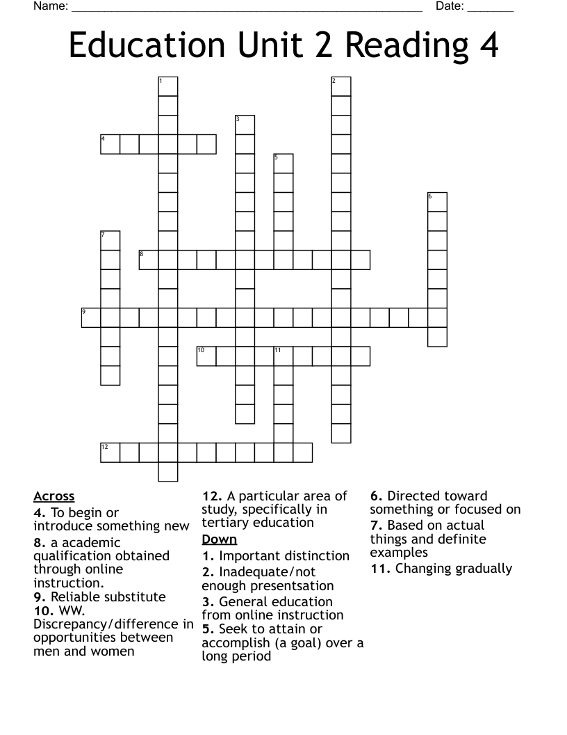 Education Unit 2 Reading 4 Crossword