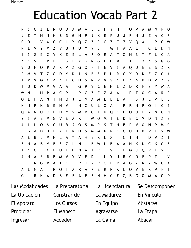 Education Vocab Part 2 Word Search