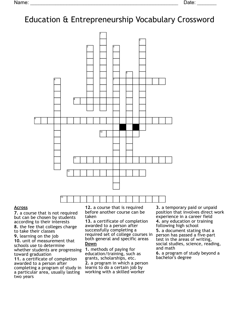 Education & Entrepreneurship Vocabulary Crossword