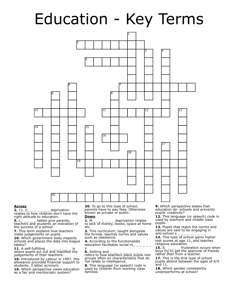 Education - Key Terms Crossword
