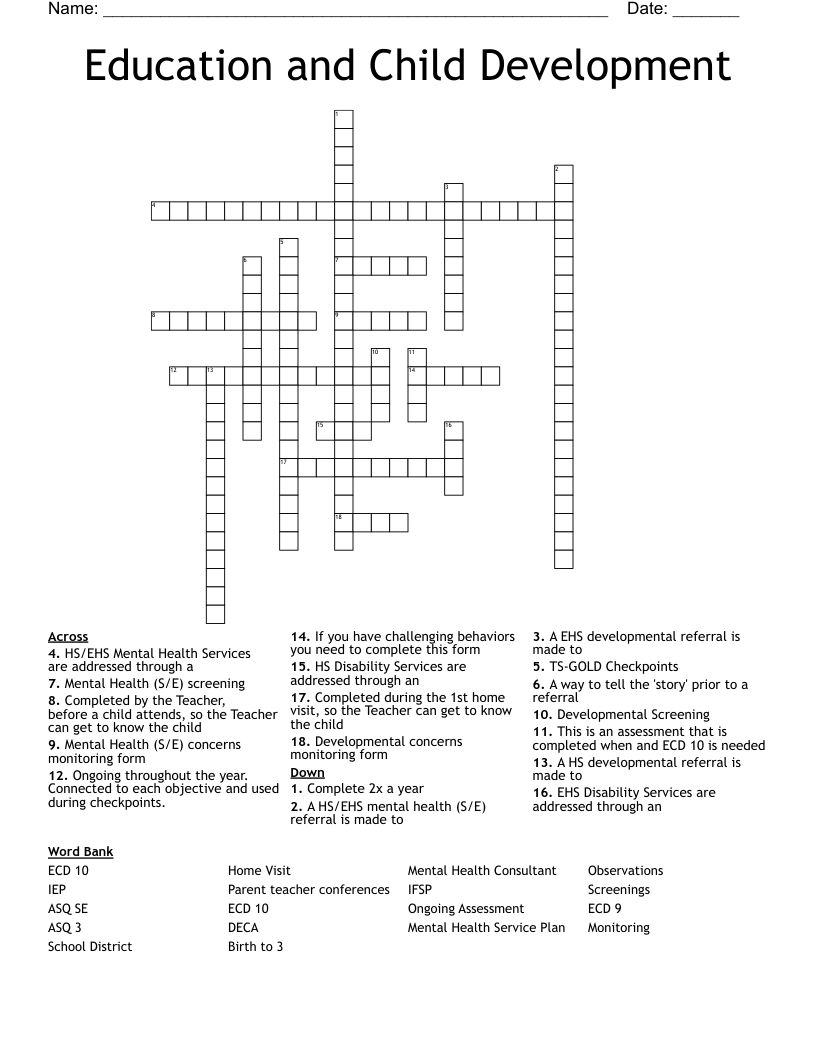 Education and Child Development Crossword