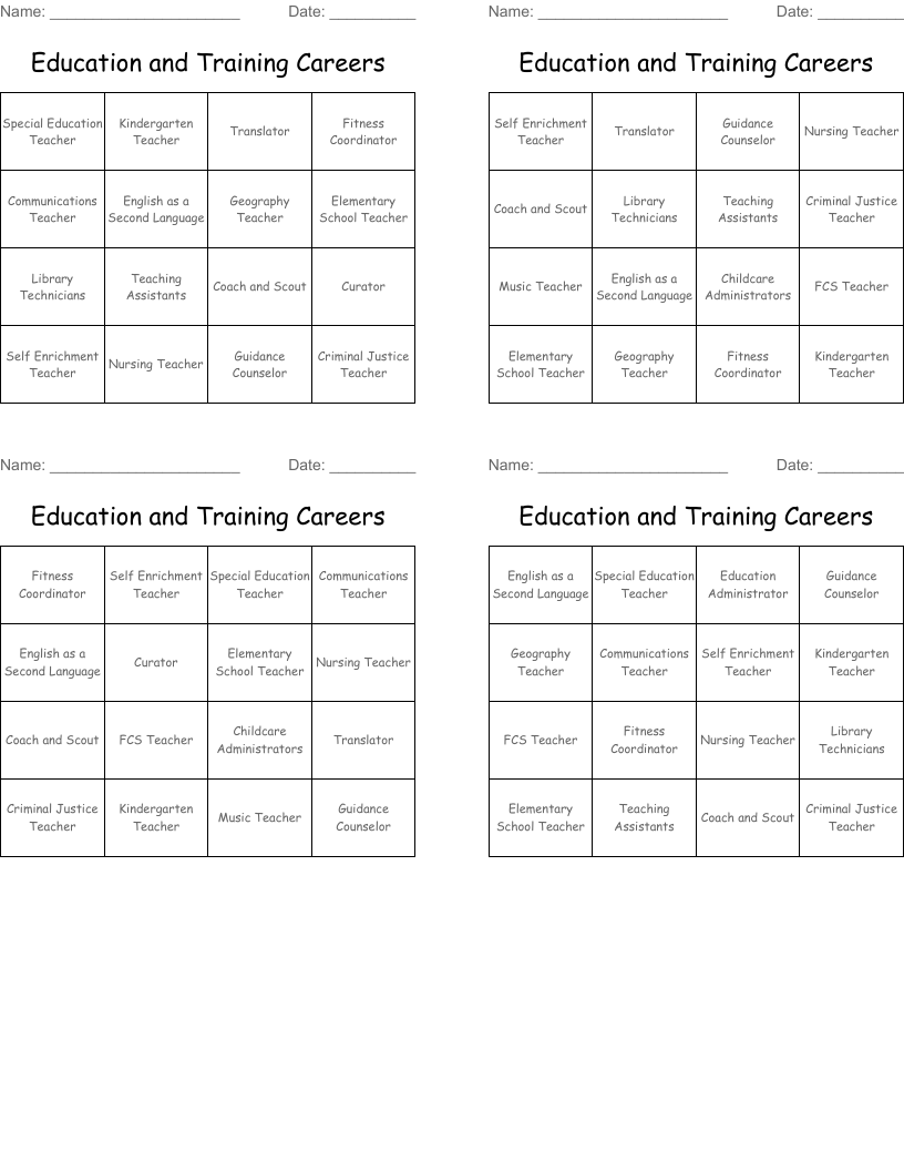 Education and Training Careers  Bingo Cards