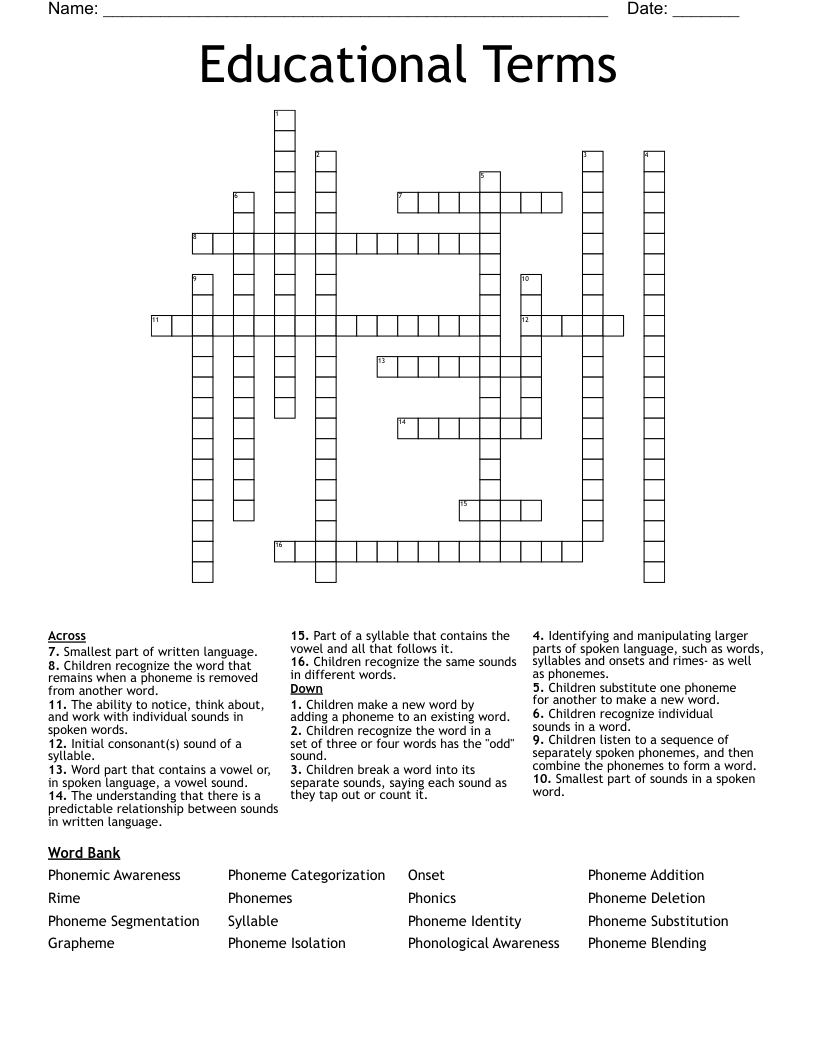 Educational Terms  Crossword