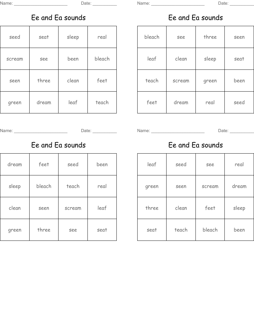 Ee and Ea sounds Bingo Cards