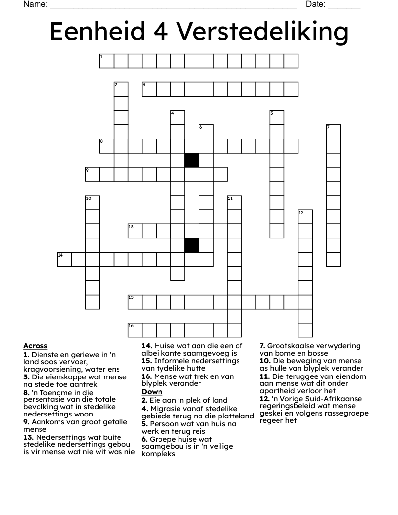 Eenheid 4 Verstedeliking   Crossword
