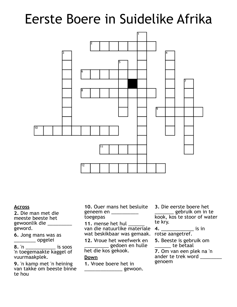 Eerste Boere in Suidelike Afrika Crossword