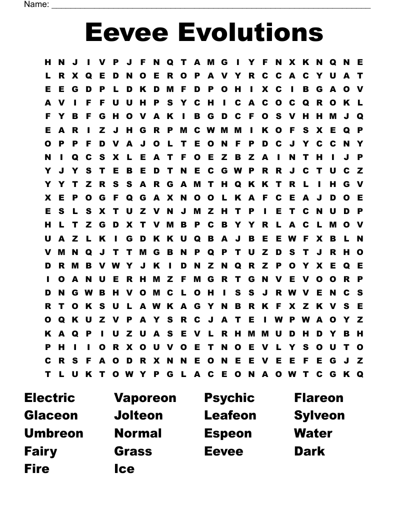 Eevee Evolutions Word Search