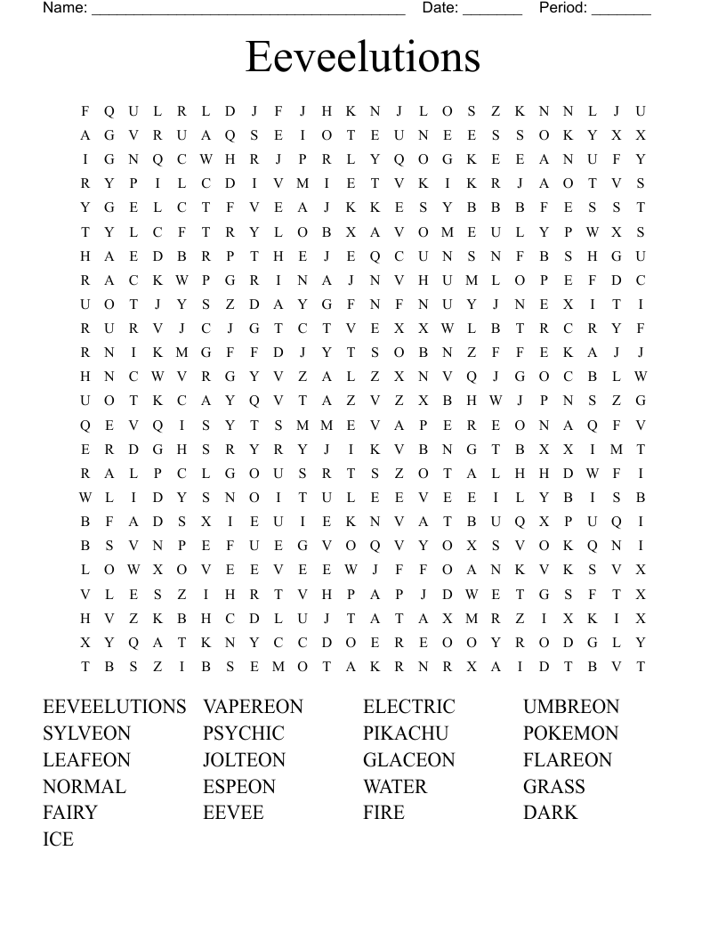 Eeveelutions Word Search