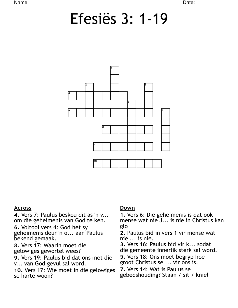 Efesiës 3: 1-19 Crossword