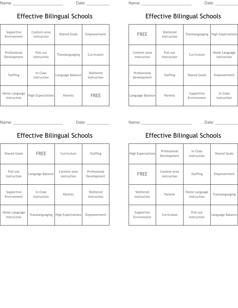 Effective Bilingual Schools Bingo Cards