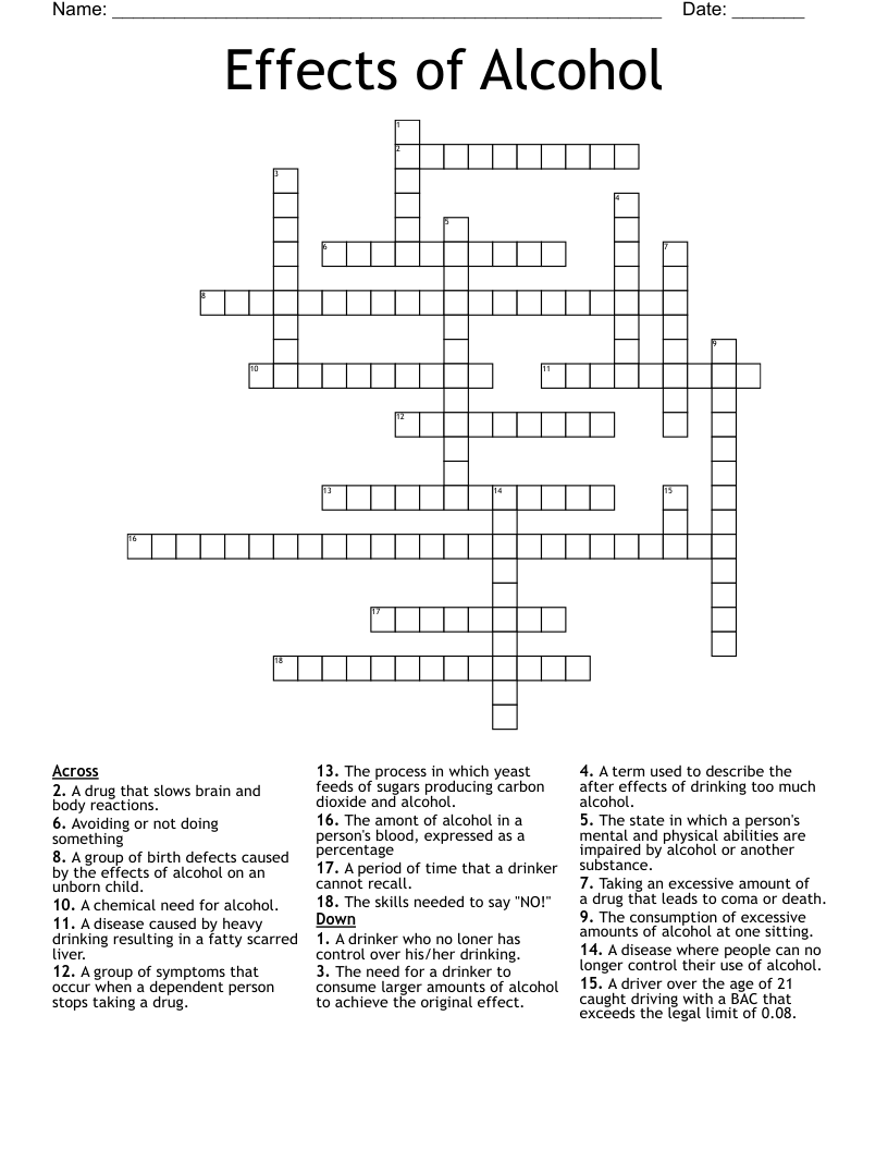 Effects of Alcohol Crossword
