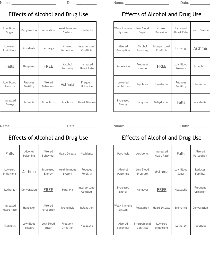Effects of Alcohol and Drug Use Bingo Cards