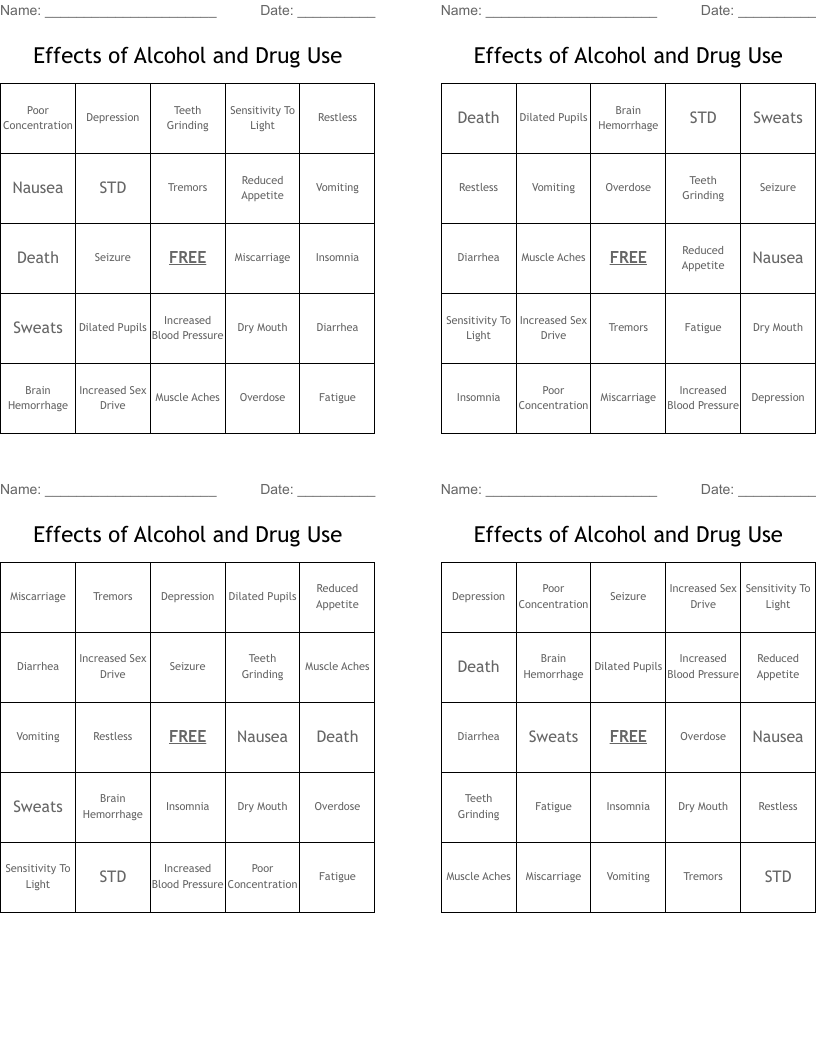 Effects of Alcohol and Drug Use Bingo Cards