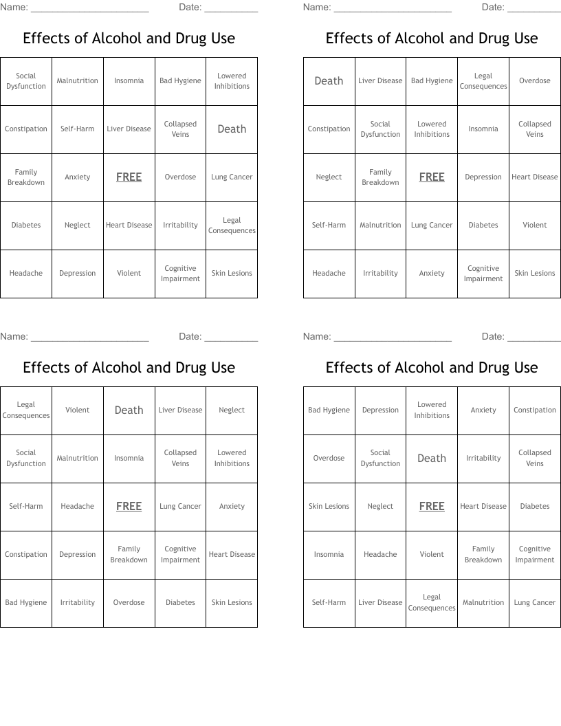 Effects of Alcohol and Drug Use Bingo Cards