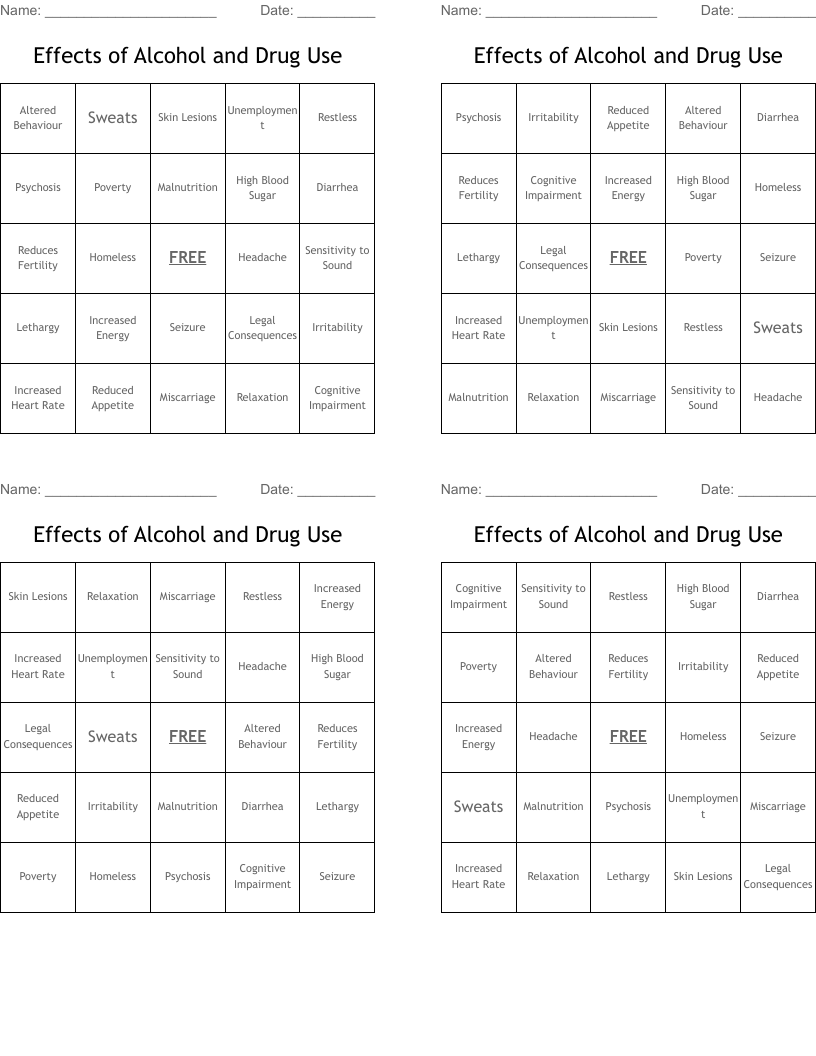 Effects of Alcohol and Drug Use Bingo Cards