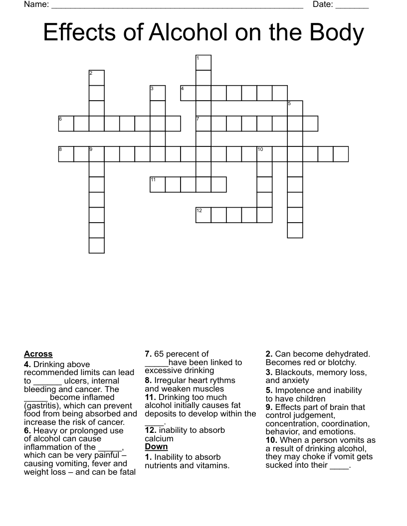 Effects of Alcohol on the Body Crossword