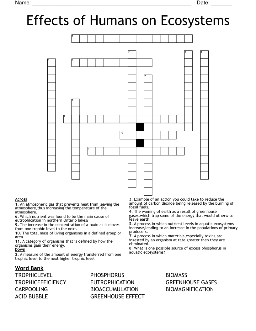 Effects of Humans on Ecosystems Crossword