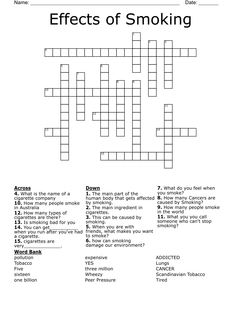 Effects of Smoking Crossword